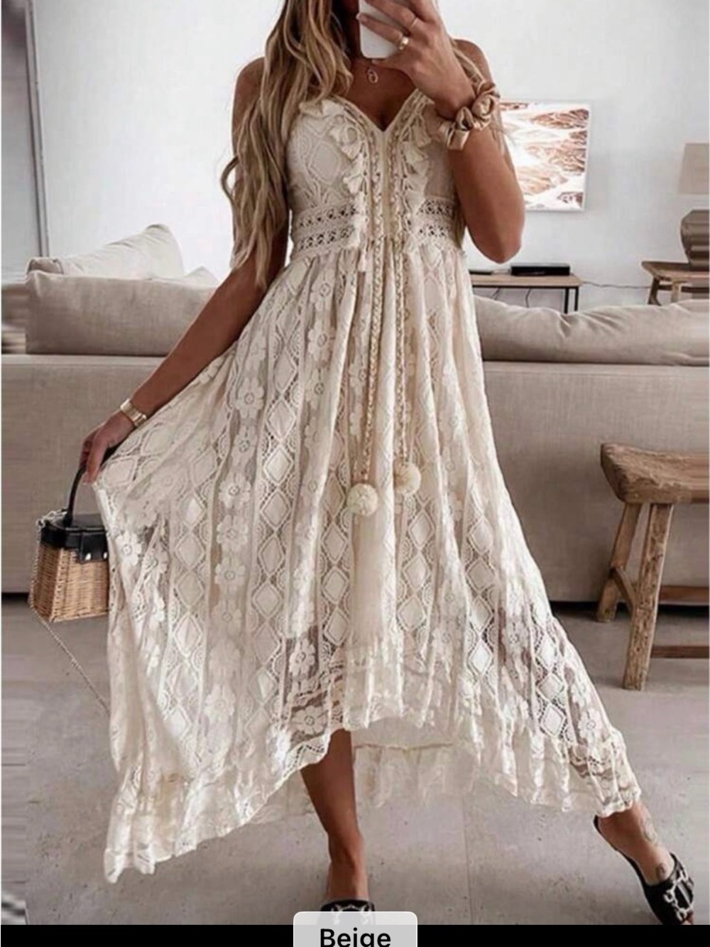 SHEIN Beige Lace High-Low Maxi Dress